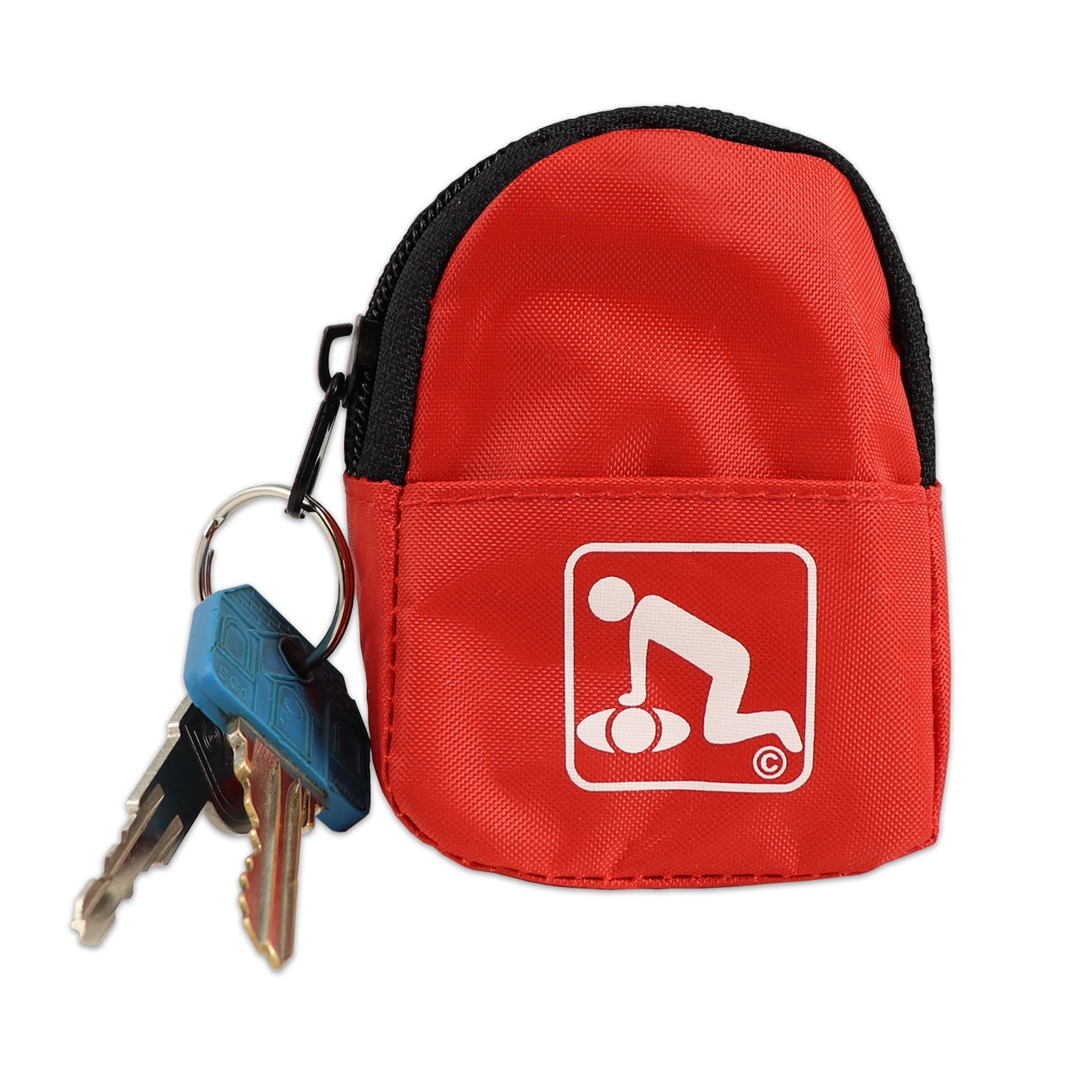 Red CPR belt loop keychain backpack with faceshield, gloves, and cleansing wipes, designed for CPR emergency preparedness.
