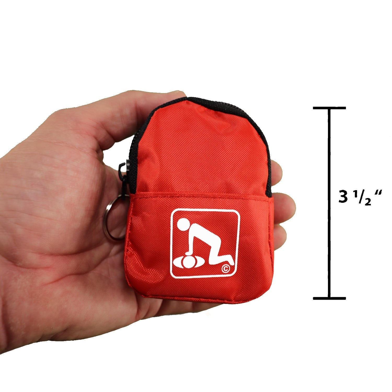 Red CPR belt loop keychain backpack with faceshield, gloves, and cleansing wipes for emergency first aid.