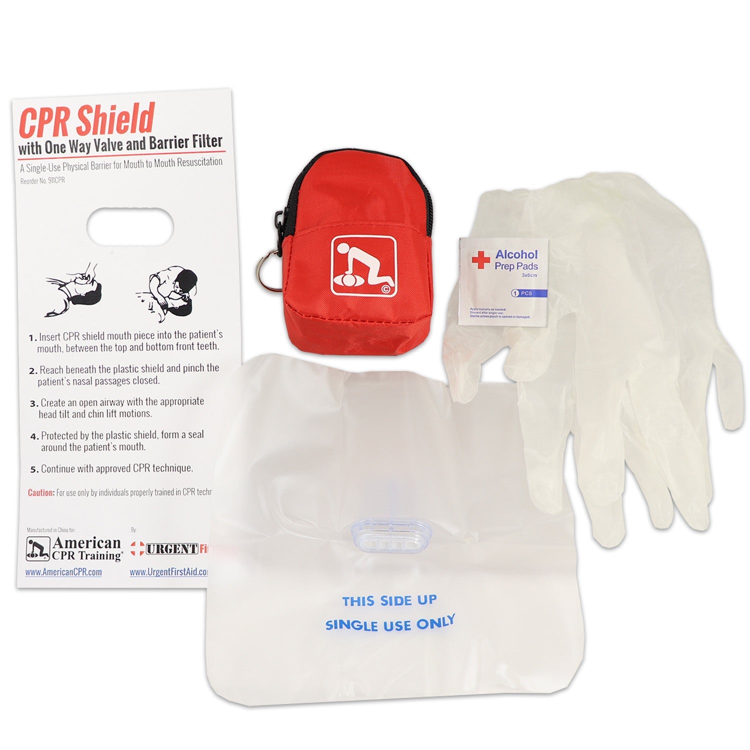 Red CPR belt loop keychain with faceshield, gloves, and cleansing wipes, designed for emergency first aid preparedness.