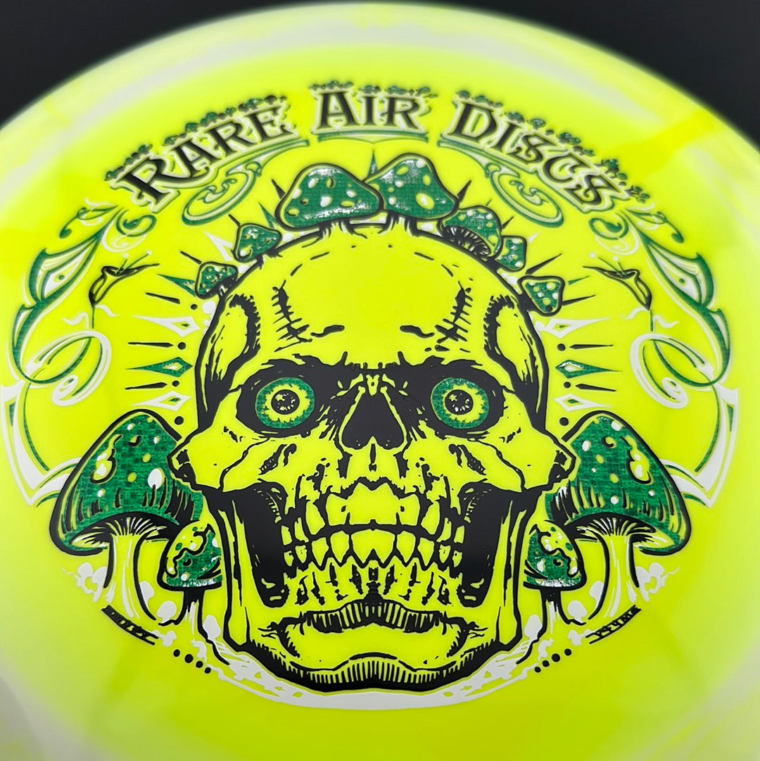 Rare Air Discs Halo S-Blend Conqueror disc golf disc with Crushin' Amanitas artwork, showcasing vibrant colors and detailed design.
