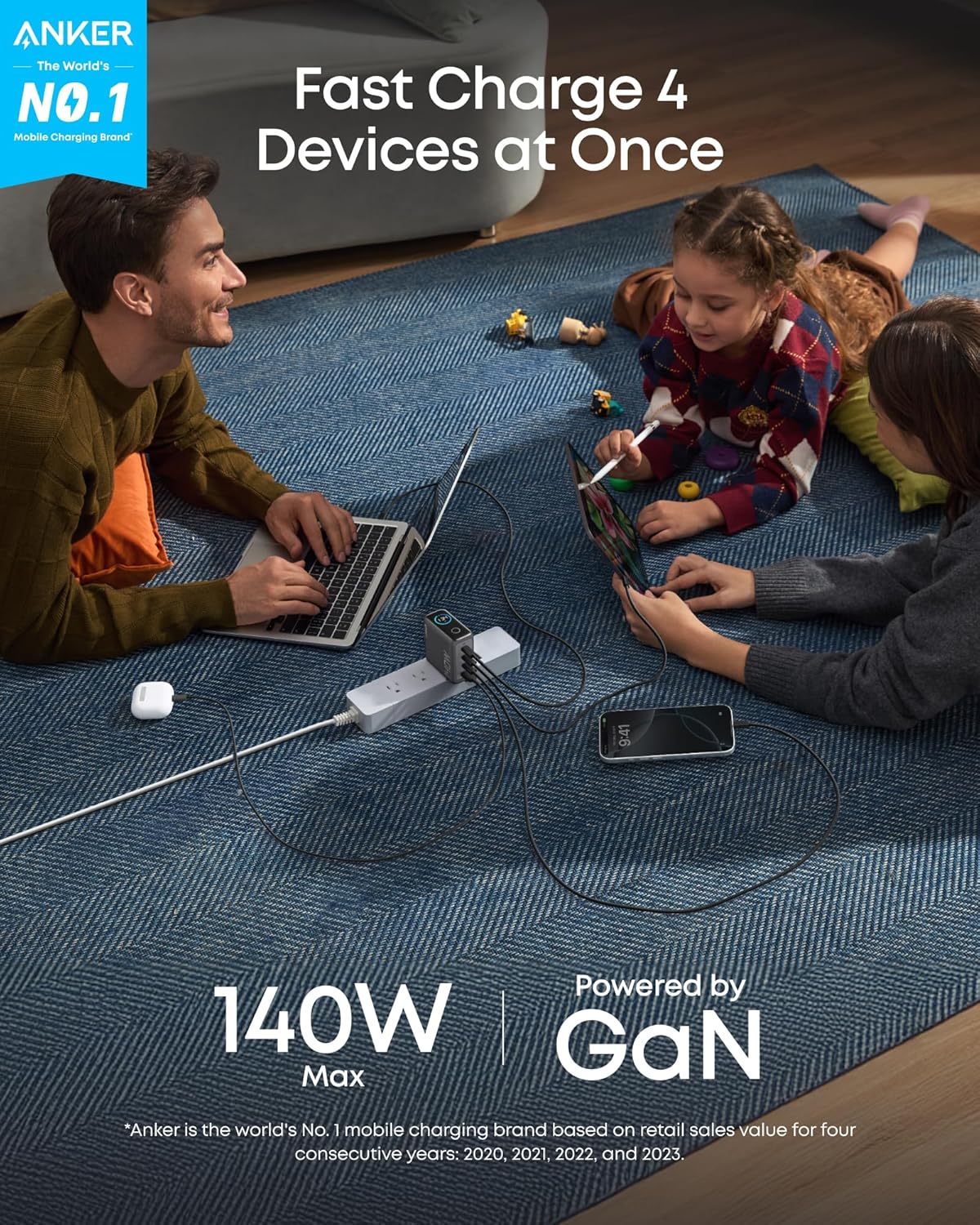Anker 25K 165W laptop power bank with built-in retractable cables and multiple USB ports for portable charging.