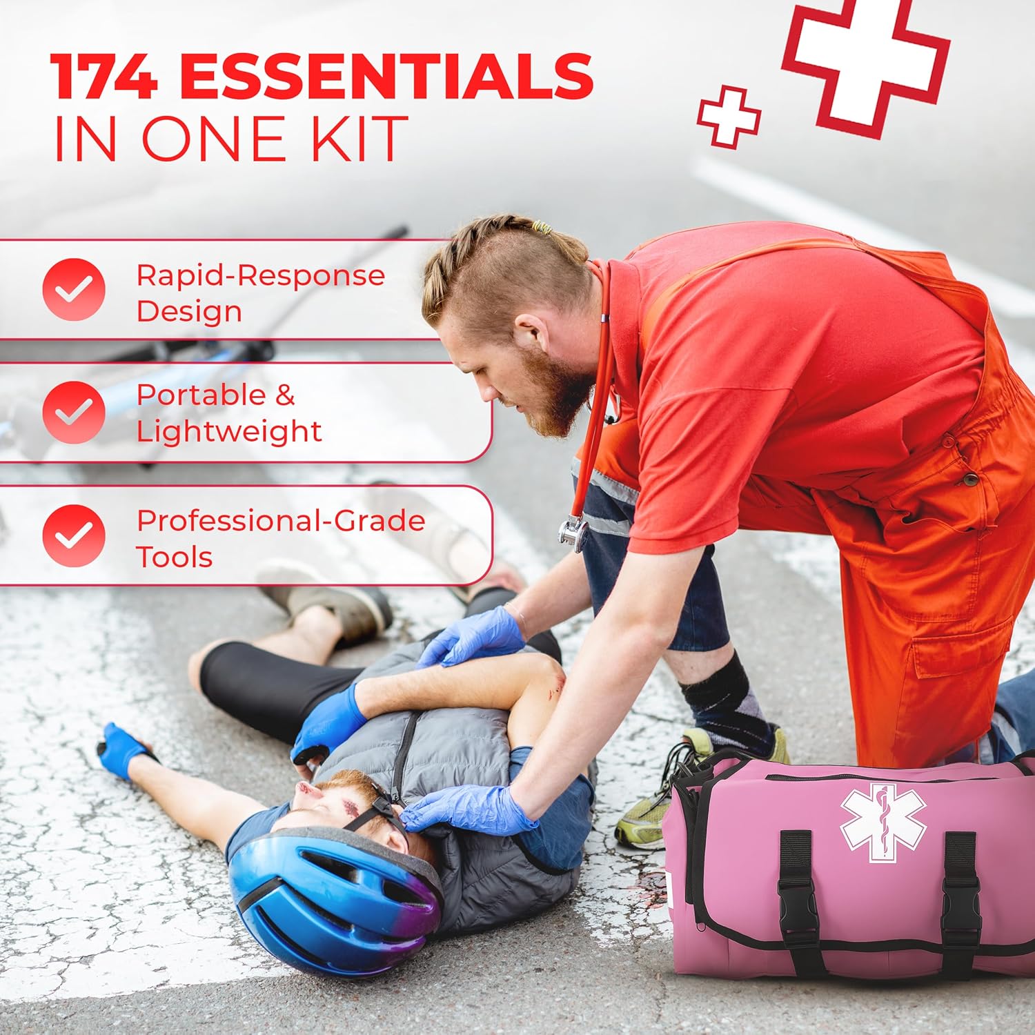 MediTac Kits Deluxe EMT Trauma Kit in a tactical first responder bag with medical supplies and emergency tools inside.