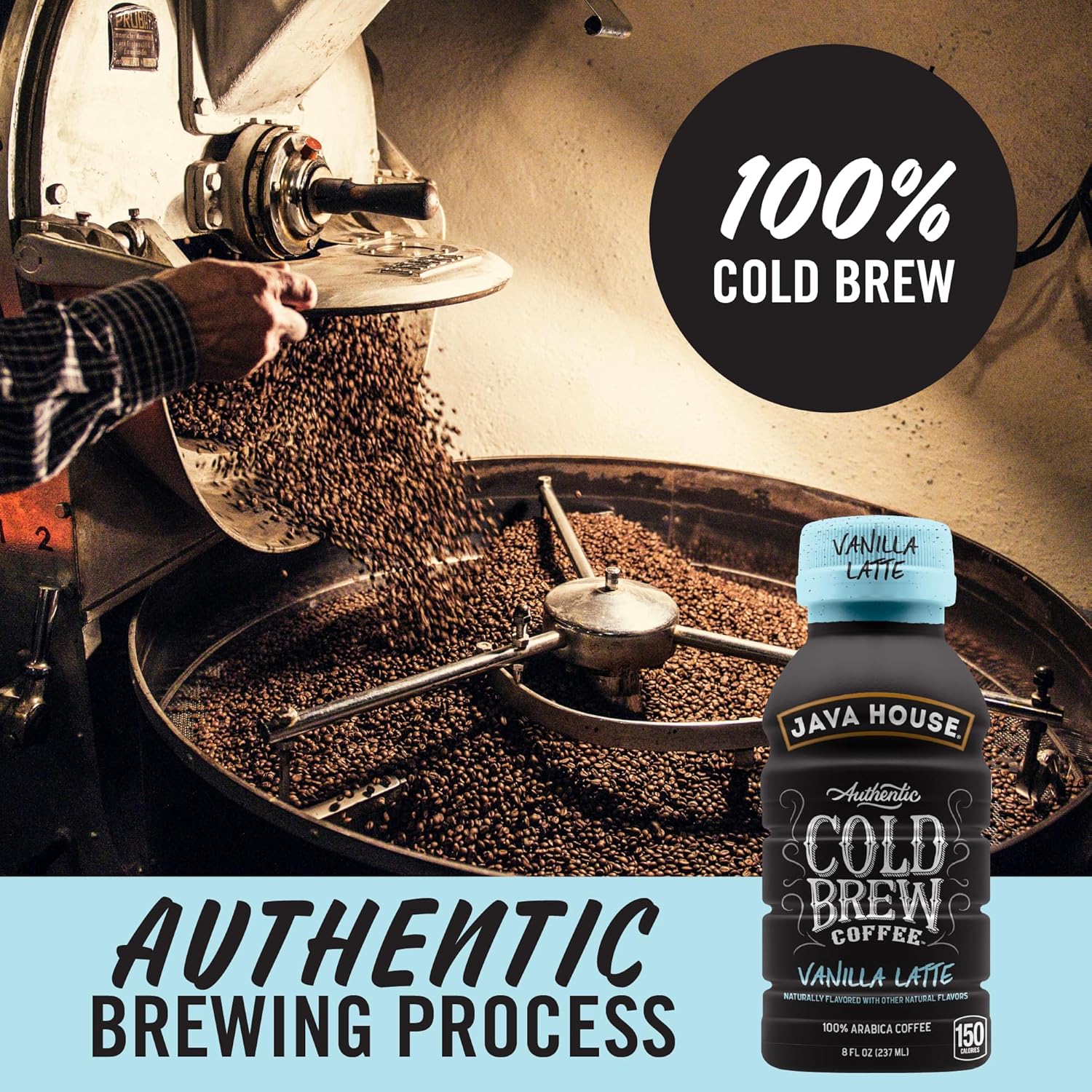 Java House Cold Brew 8oz bottles with French Vanilla Latte flavor, featuring creamy coffee beverage in clear glass bottle