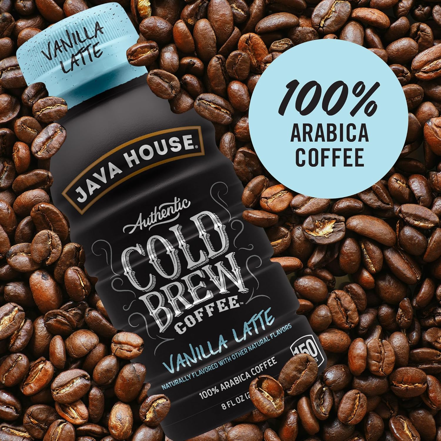 Java House Cold Brew 8oz bottles with French Vanilla Latte flavor, featuring a sleek brown bottle and vanilla flavor accents.