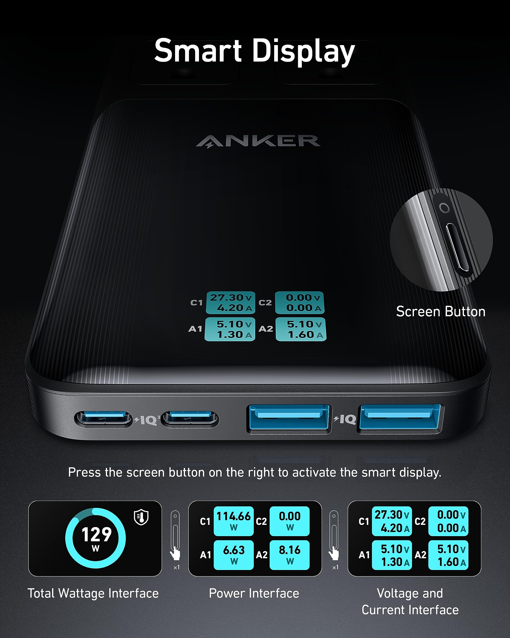 Anker Prime 6-in-1 140W charging station with multiple ports for fast device charging, sleek black design, and compact layout.