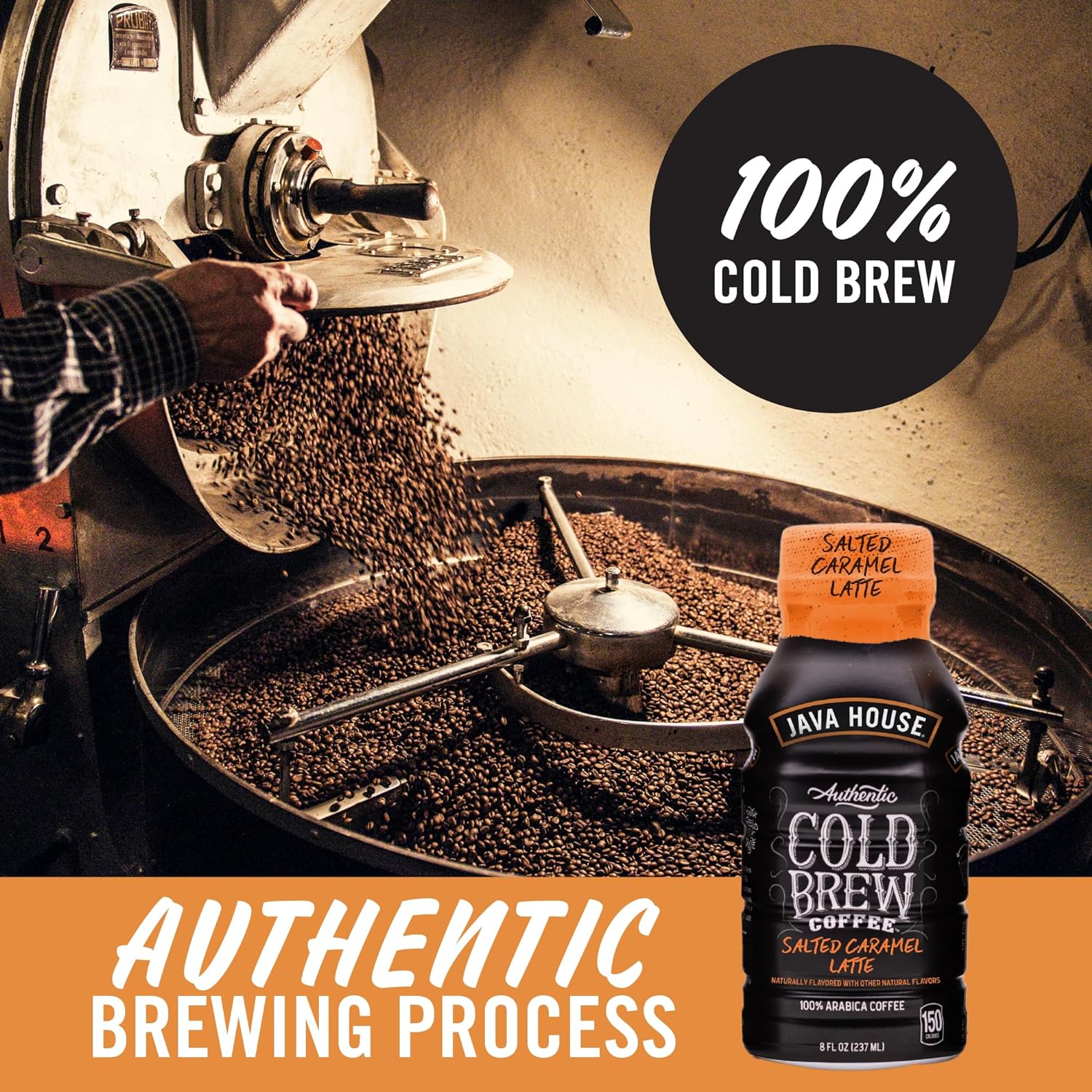 Six salted caramel latte cold brew bottles from Java House, 8oz each, in a pack of 12, ready to enjoy.