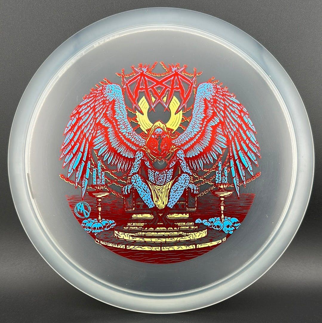 CryZtal Buzzz disc golf disc by Rare Air Discs featuring Karudi the Overseer from Cult of RAD, with vibrant transparent design.