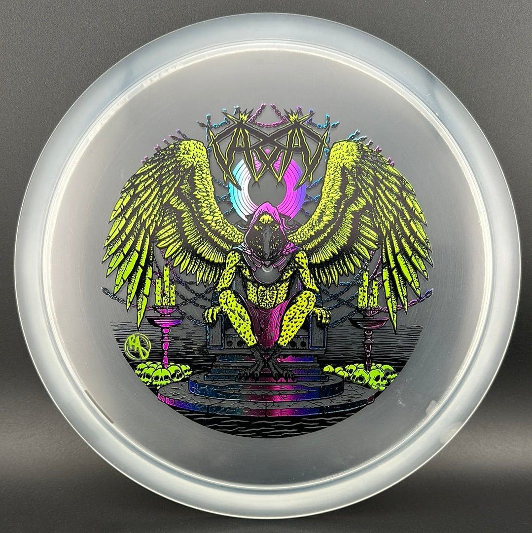 CryZtal Buzzz disc golf disc by Rare Air Discs featuring Karudi the Overseer from Cult of RAD, with vibrant icy blue design.