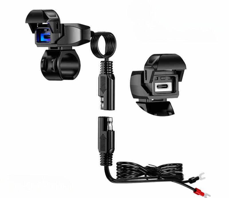 Motorcycle accessory featuring Bean's Moto Booth fast charging USB Type-C port installed on a motorcycle handlebar.