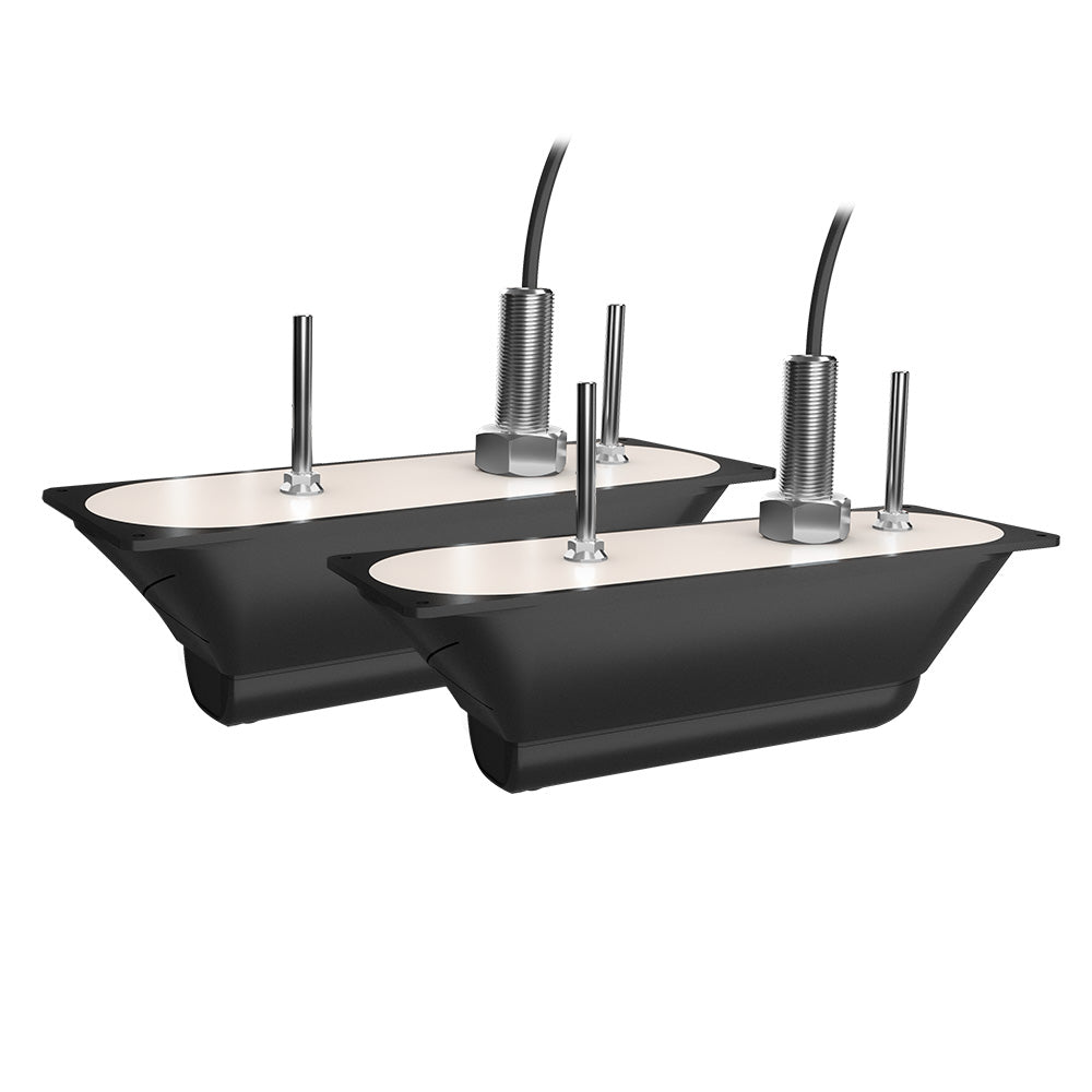 Pair of Garmin GT56UHD-THP thru-hull mount transducers for marine sonar, featuring durable design and high-performance underwater imaging.