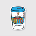 Pike Street Press "More Coffee Please" sticker featuring bold black text on a white background for coffee lovers.