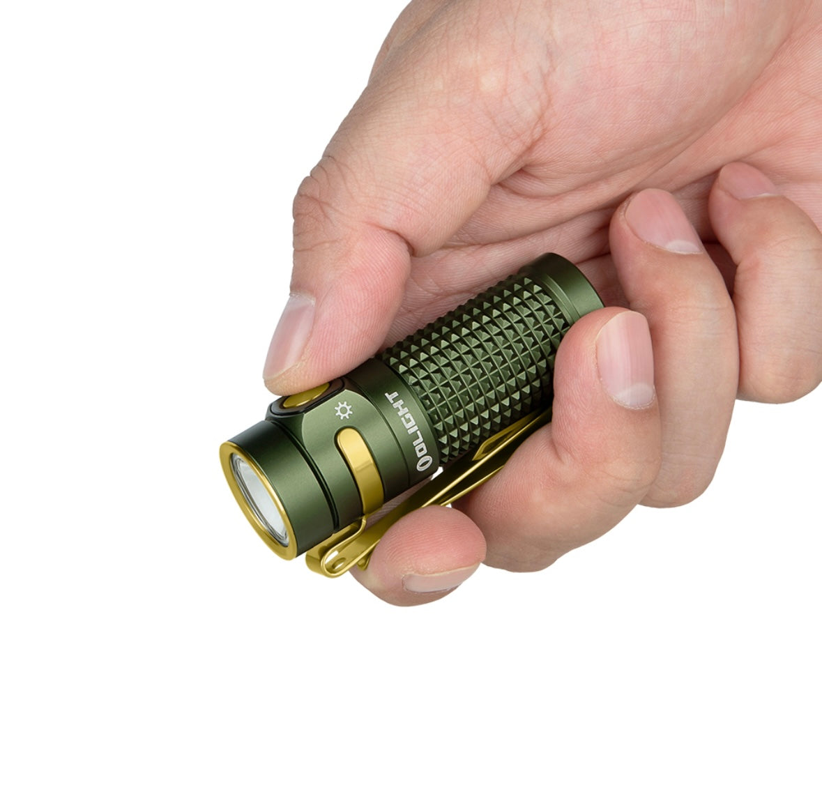 MUCITUP Olight Baton 4 EDC flashlight with a compact design, bright 1300 lumens, rechargeable, shown with its sleek body and LED lens.