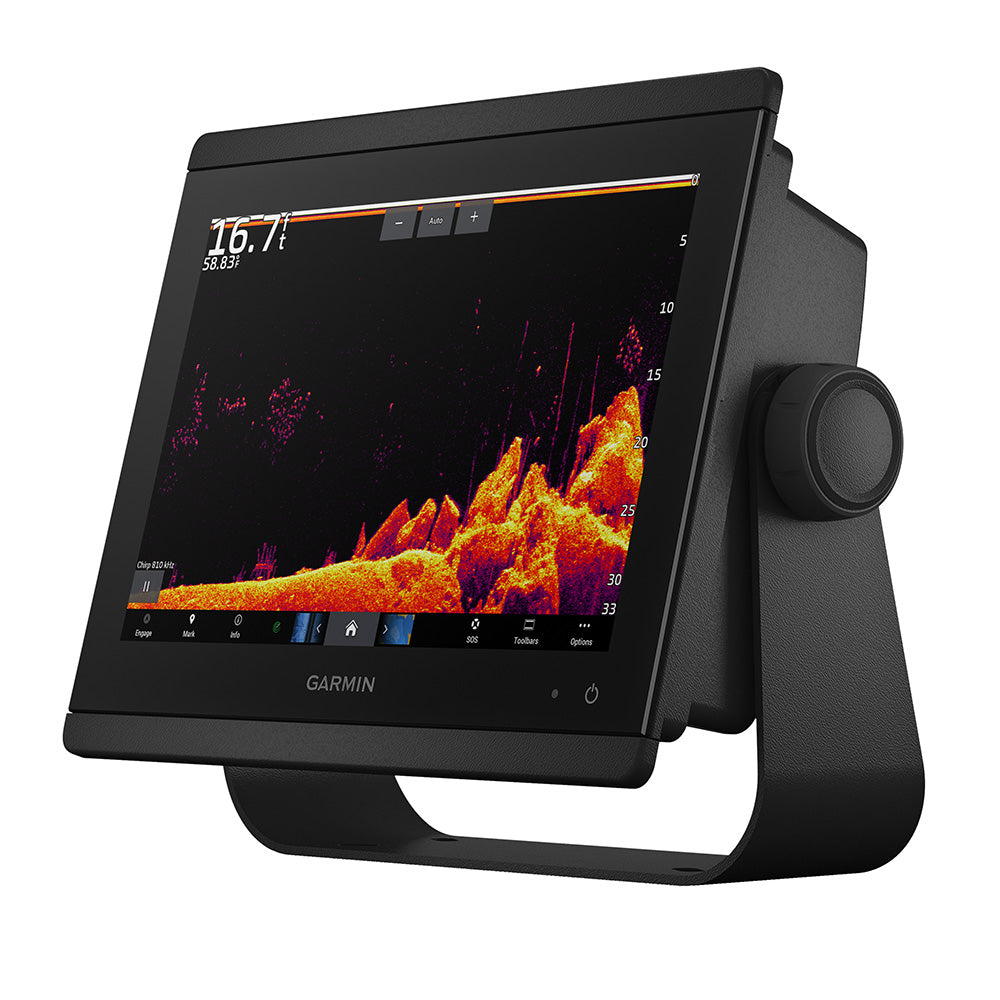 Garmin GPSMAP 8610xsv combo GPS and fishfinder display showing detailed mapping and sonar readings on a marine screen.