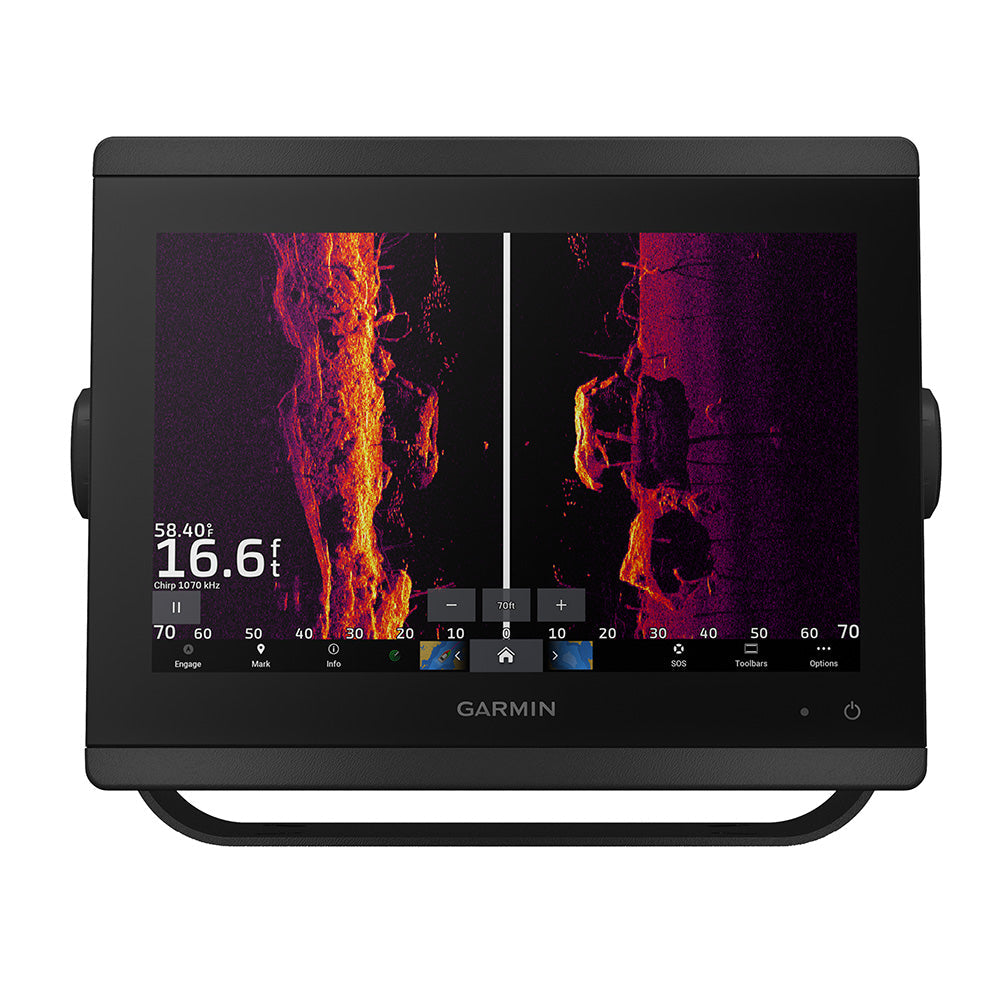 Garmin GPSMAP 8610xsv combo GPS and fishfinder display with navigation and sonar features, shown on a boat dashboard.