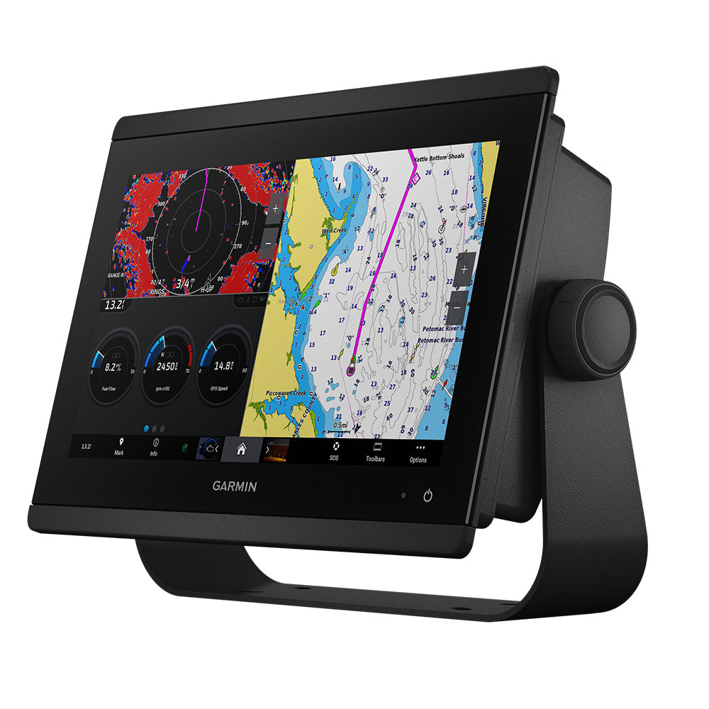 Garmin GPSMAP 8612 chartplotter with GN+ display, marine GPS navigation system on a boat dashboard.