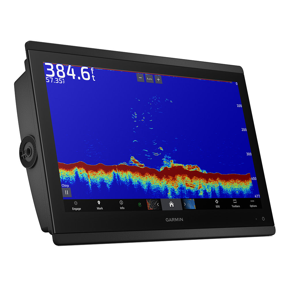 Garmin GPSMAP 8616xsv combo GPS and fishfinder display on boat, showing map and sonar readings, branded by Wake World Parts.
