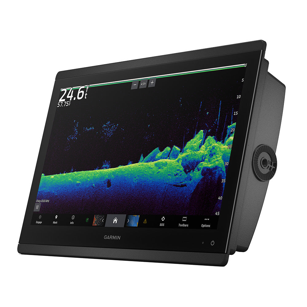 Garmin GPSMAP 8616xsv combo GPS and fishfinder display with touchscreen and sonar features, mounted on boat dashboard.