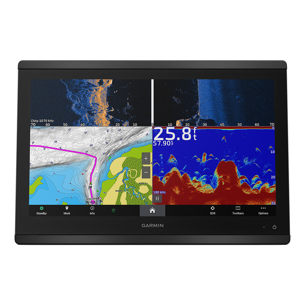 Garmin GPSMAP 8616xsv combo GPS and fishfinder display showing detailed navigation charts and sonar imaging.