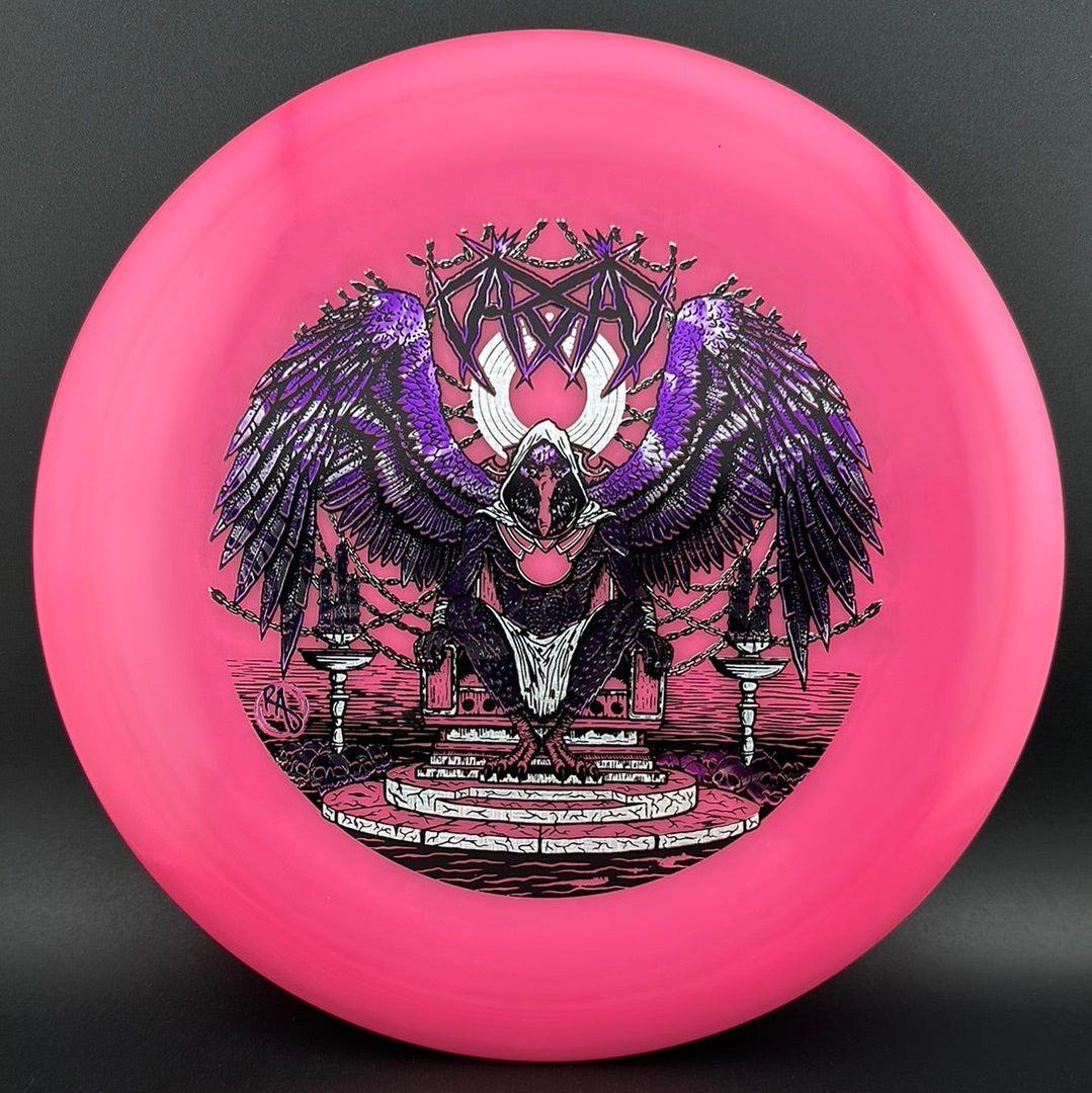 Disc golf disc ESP Glo Buzzz Karudi the Overseer by Ripper Studios, featuring vibrant glow-in-the-dark design and detailed artwork.