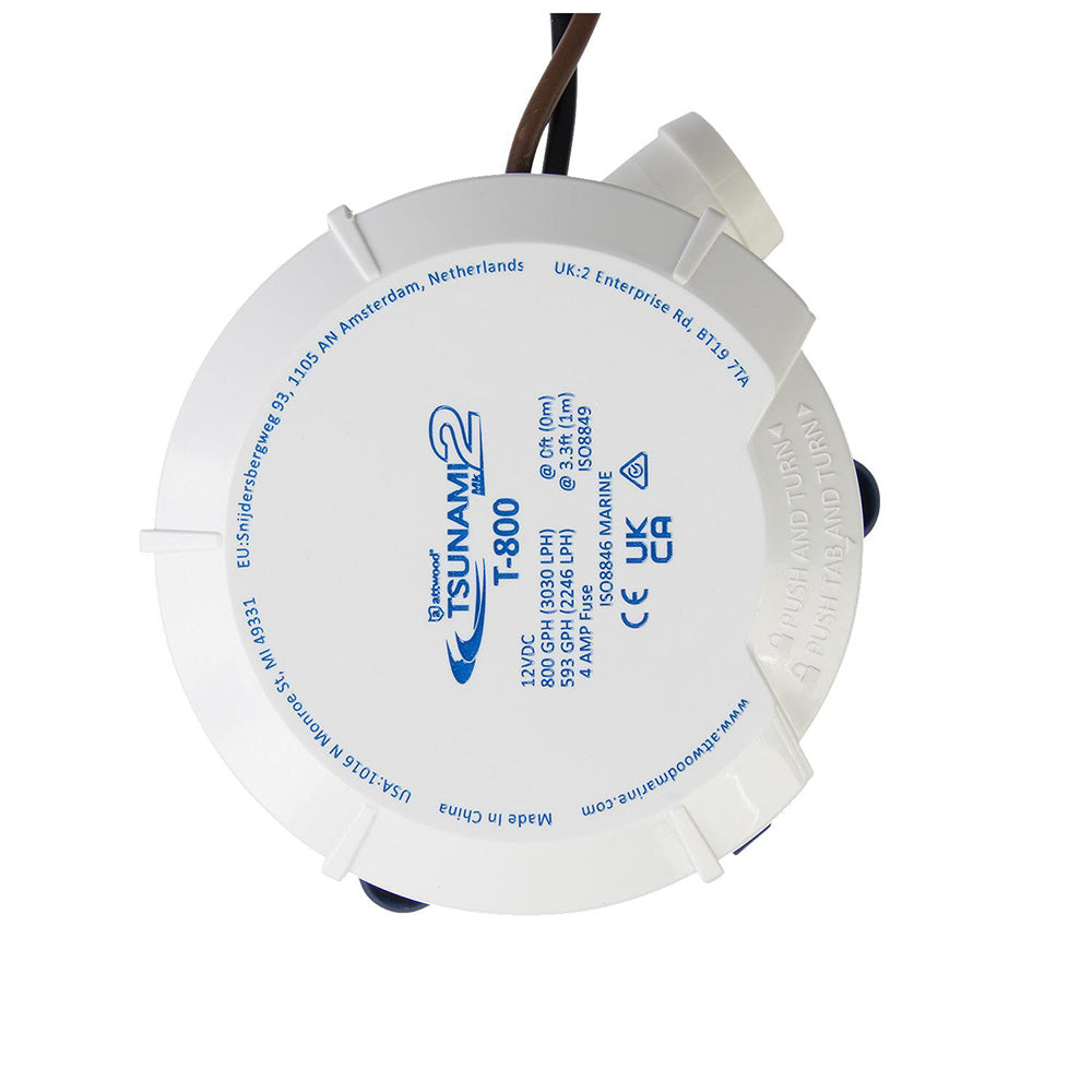Attwood Tsunami MK2 manual bilge pump in black, 12V, 800 GPH capacity, designed for marine bilge water removal.