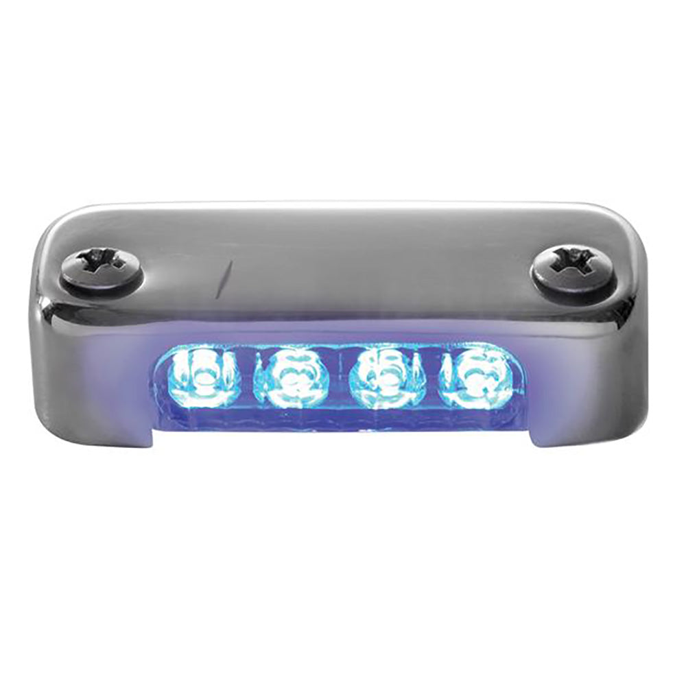 Attwood blue LED micro courtesy light with stainless steel bezel, vertical mount, designed for boat interior or courtesy lighting.