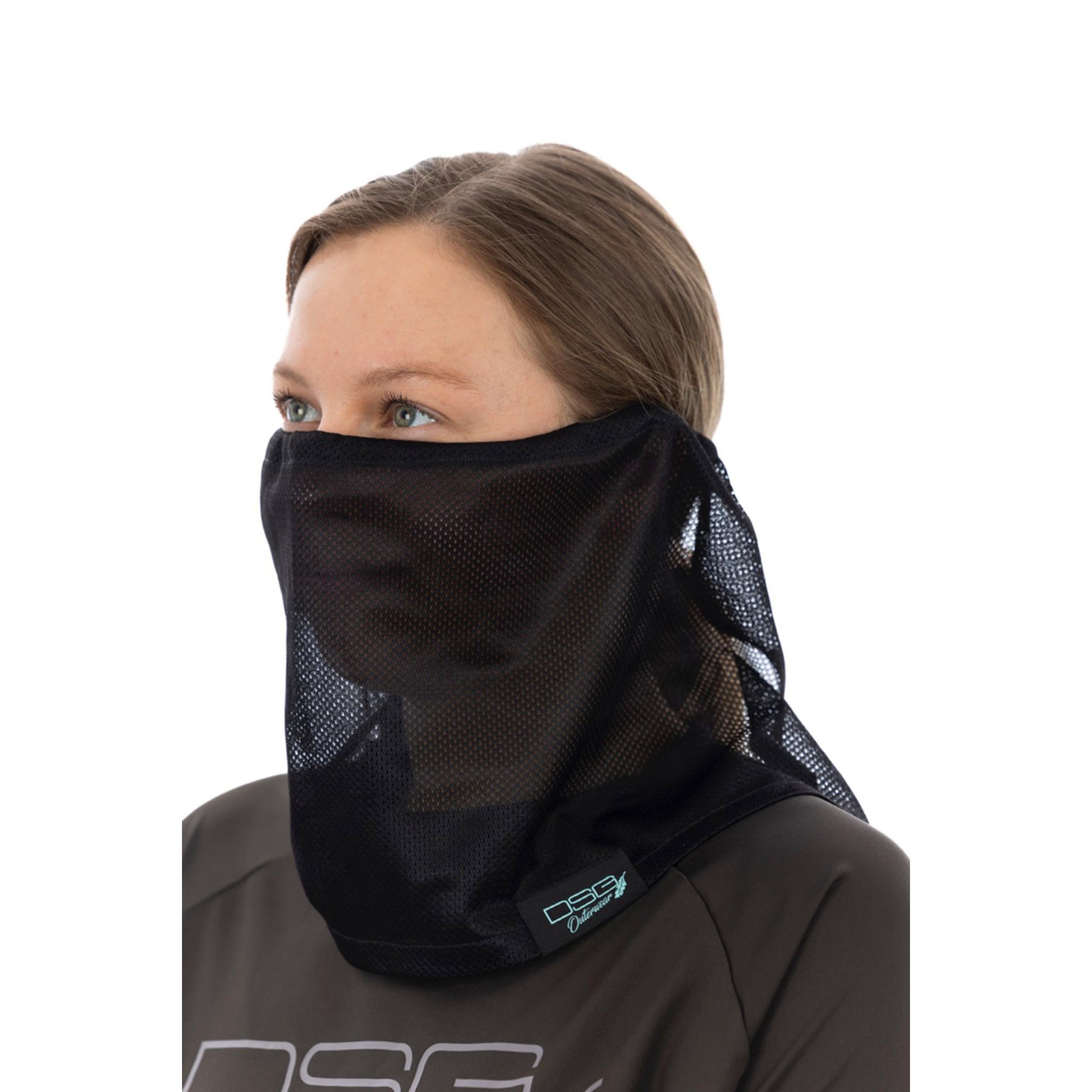 Blue mesh face mask by DSG OUTERWEAR, showing breathable fabric and adjustable ear straps for comfortable wear.