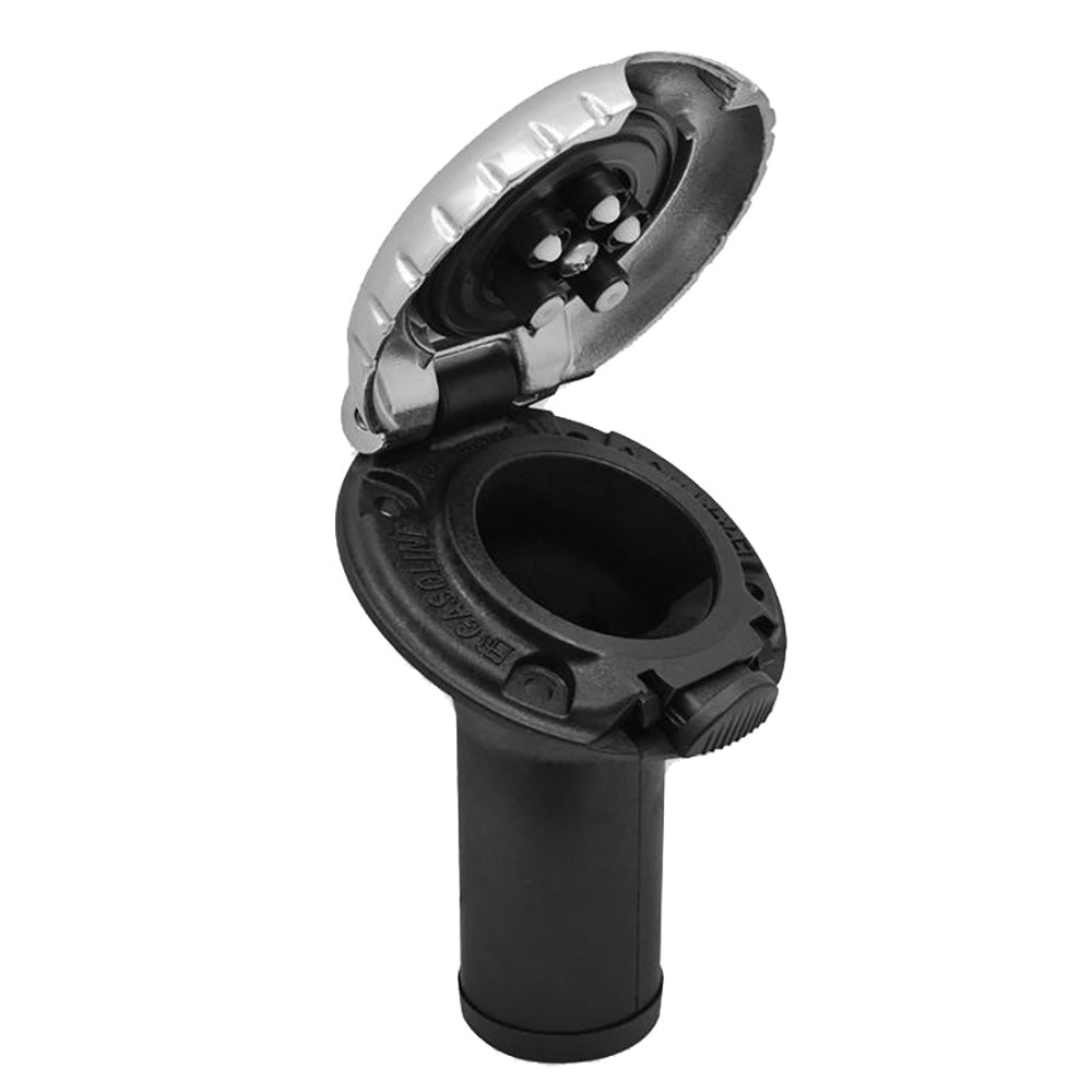 Attwood deck fill for carbon canister system with angled body and scalloped chrome cap, designed for marine fuel tanks.