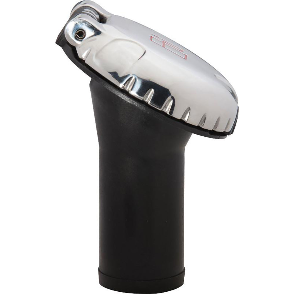 Attwood angled deck fill cap with scalloped stainless steel top for carbon canister system, suitable for marine boats.
