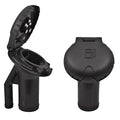 Attwood deck fill for pressure relief systems with angled body and scalloped black plastic cap, designed for boat deck installation.