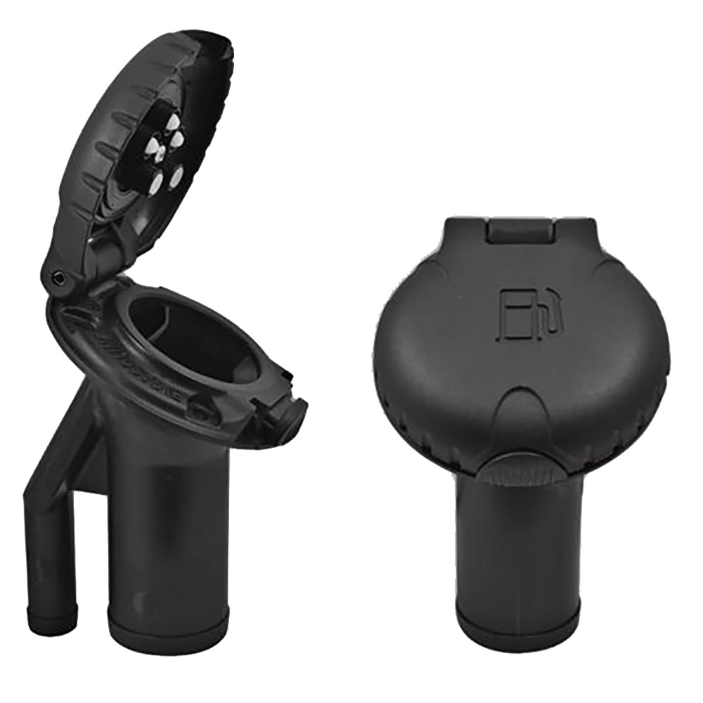 Attwood deck fill for pressure relief systems with angled body and scalloped black plastic cap, designed for boat deck installation.