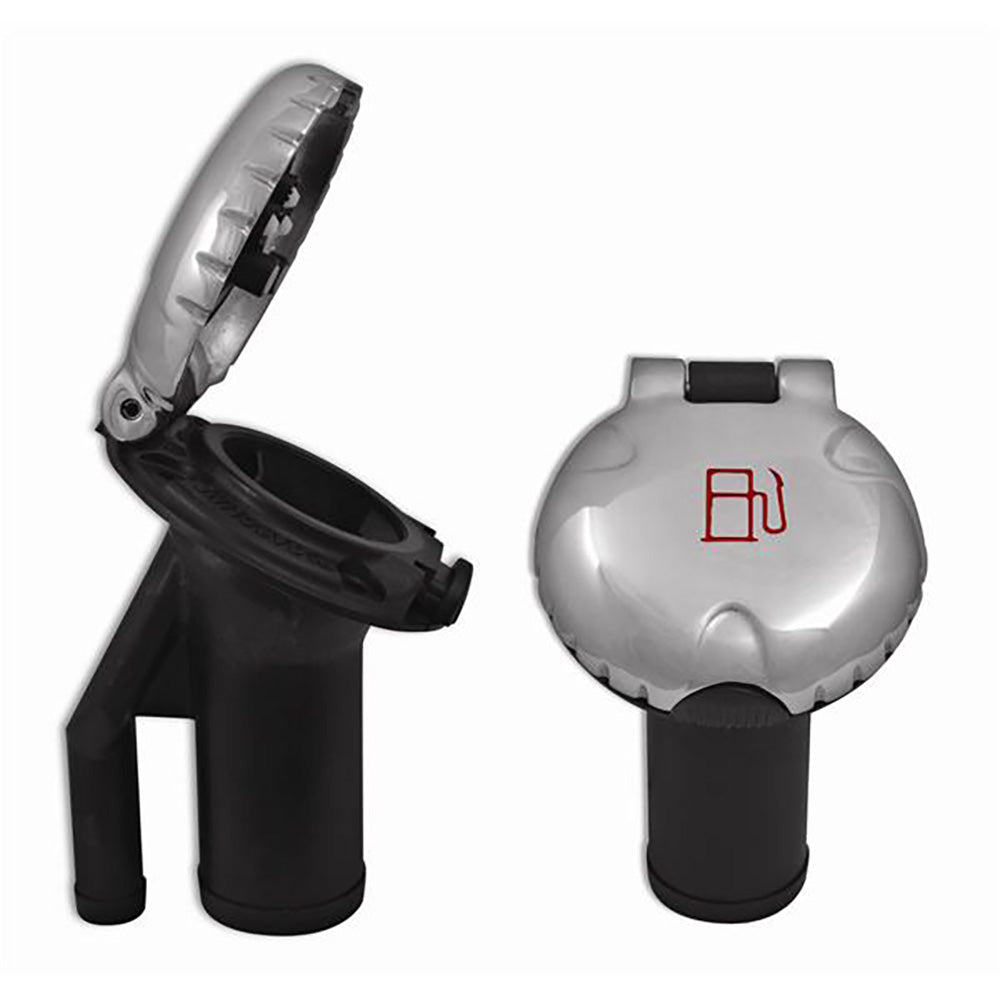 Attwood deck fill for pressure relief systems with angled body and scalloped stainless steel cap, suitable for boat decks.