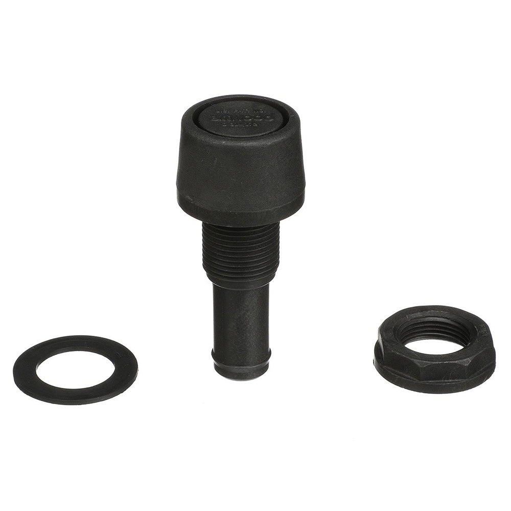 Black polypropylene Attwood straight fuel vent for boats, designed for fuel tank ventilation, by Wake World Parts.