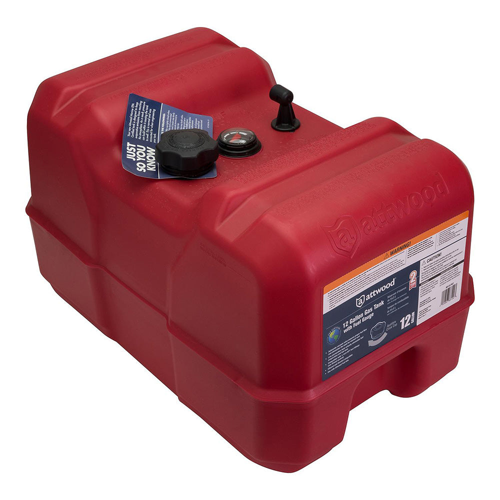 Attwood 12-gallon portable fuel tank with built-in gauge, designed for marine use, by Wake World Parts.