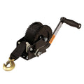 Attwood 2000 lb dual drive trailer winch with 2-inch by 20-foot nylon strap, designed for secure towing and recovery.