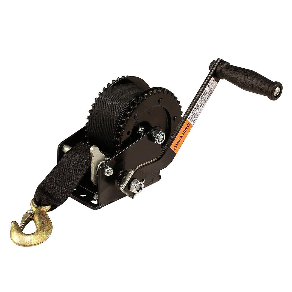 Attwood 2000 lb dual drive trailer winch with 2-inch by 20-foot nylon strap, designed for secure towing and recovery.