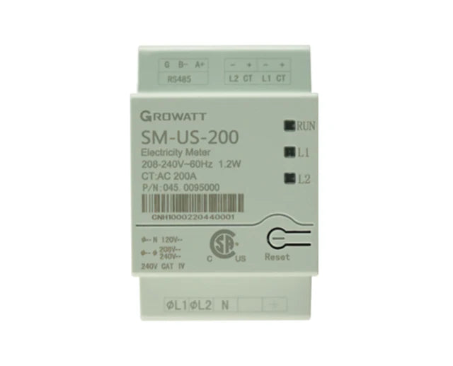Growatt SM-US-200 Smart Meter from Portable Sun LLC, system component with digital display and connection ports visible.