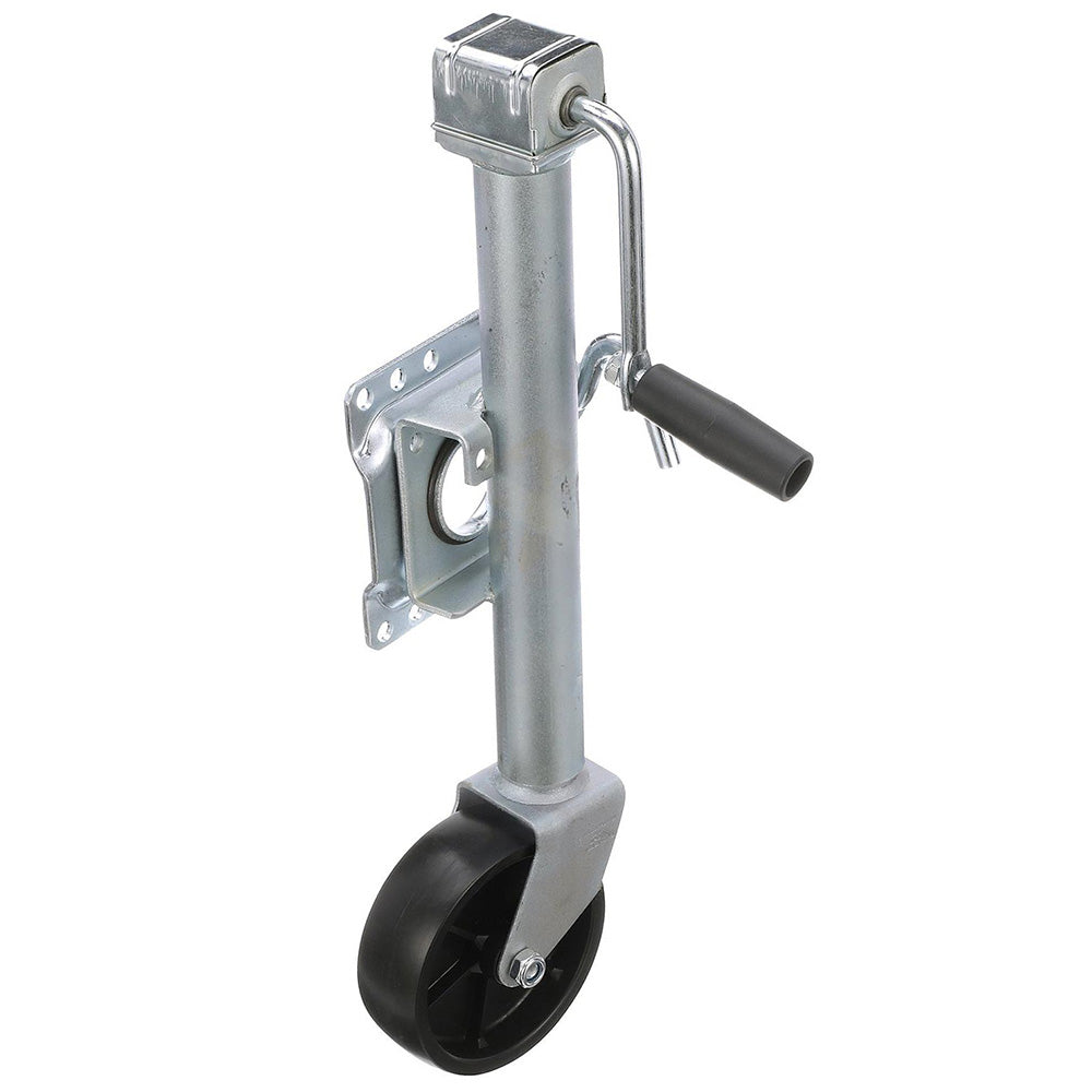 Attwood fold-up trailer jack with single wheel, 1000 lb capacity, in black, designed for easy trailer leveling and support.