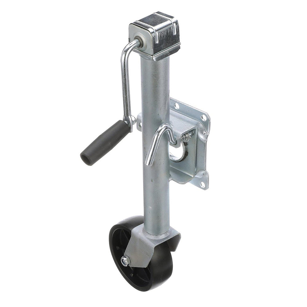 Attwood fold-up trailer jack with single wheel, 1000 lb capacity, ideal for boat and utility trailers, by Wake World Parts.