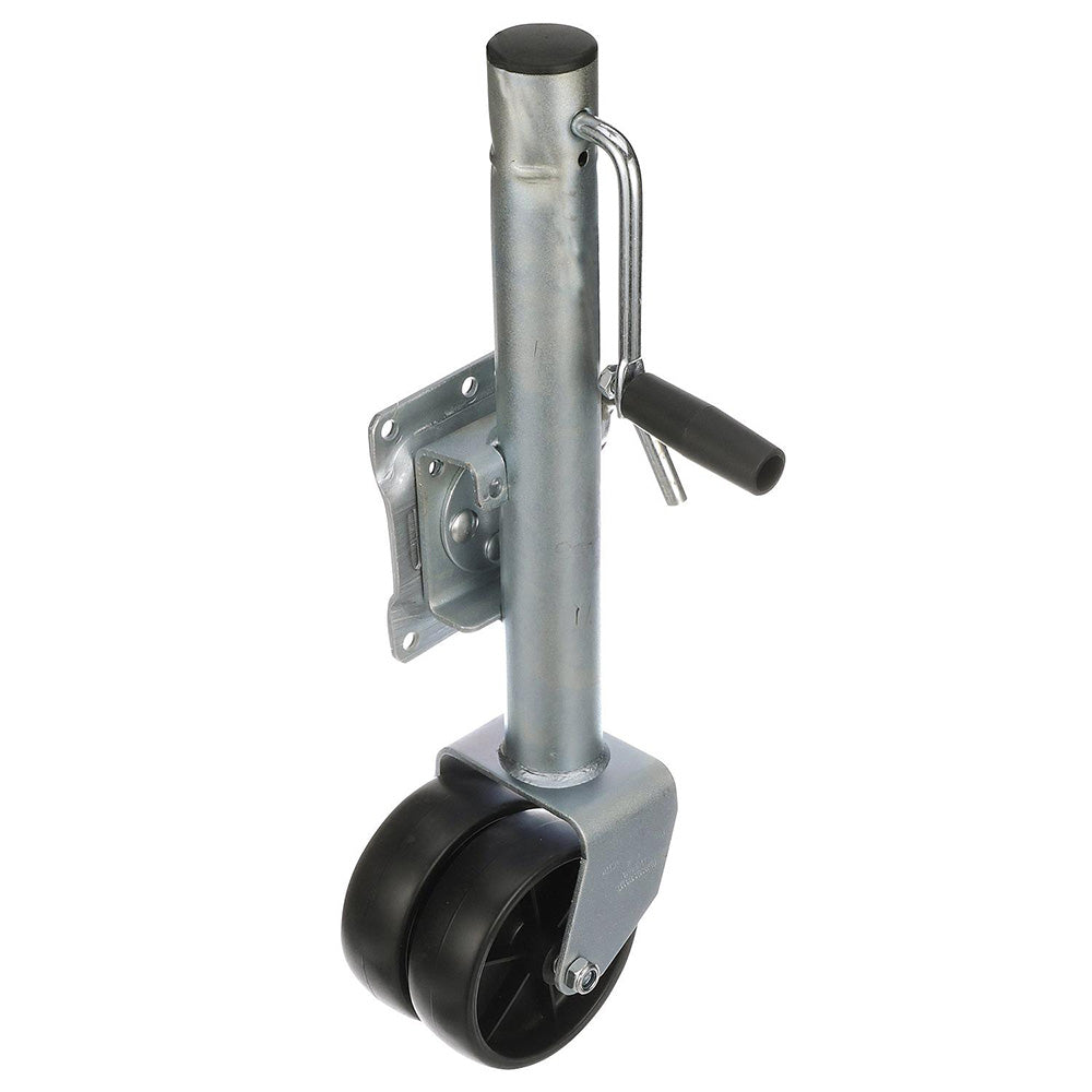 Attwood fold-up trailer jack with dual wheels, 1500 lb capacity, for secure trailer support and easy storage.