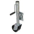 Attwood fold-up trailer jack with dual wheels, 1500 lb capacity, designed for easy trailer support and stability.