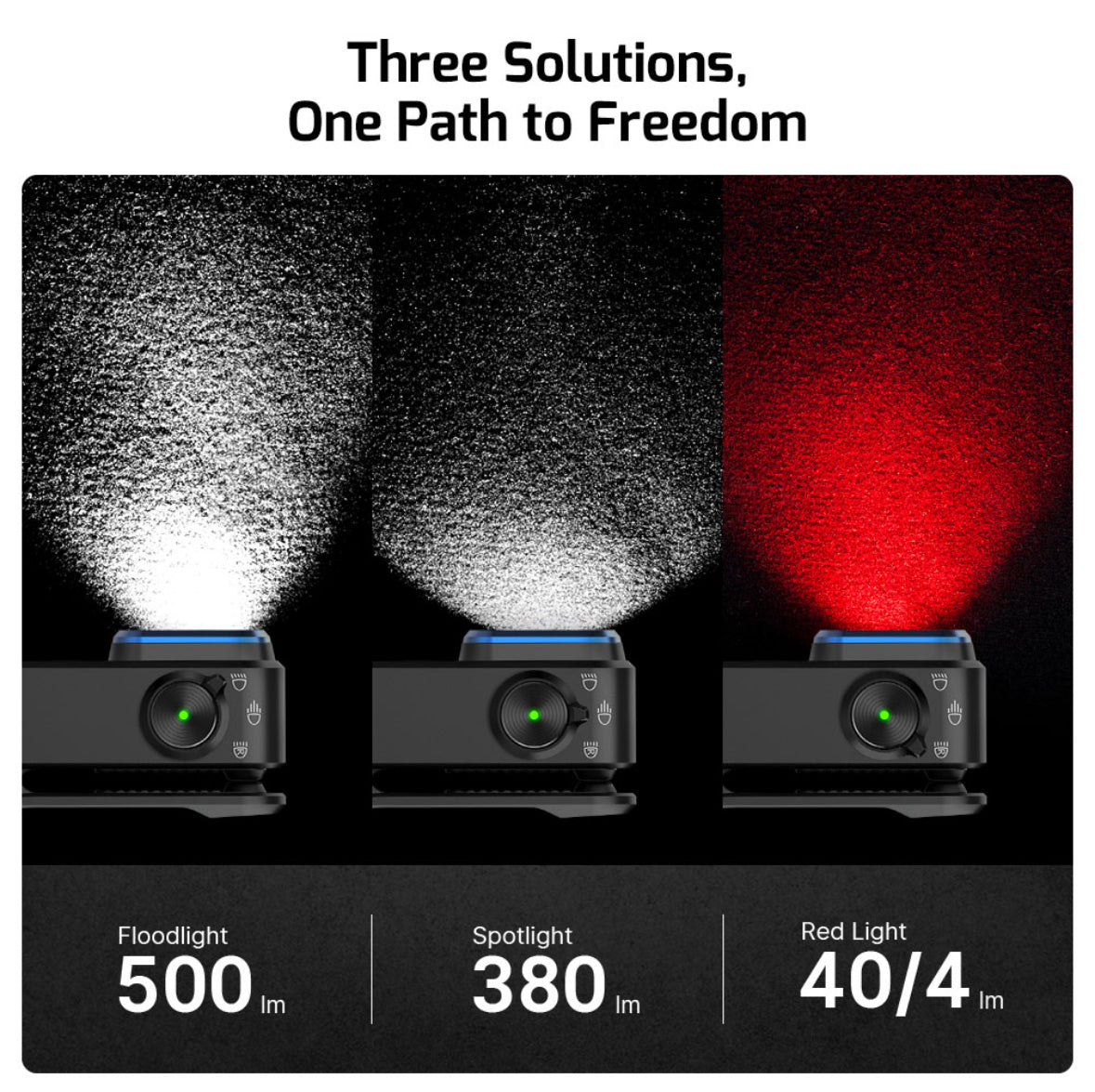 MUCITUP Olight Oclip Pro flashlight with clip, showing flood, spot, and red modes in four color options.