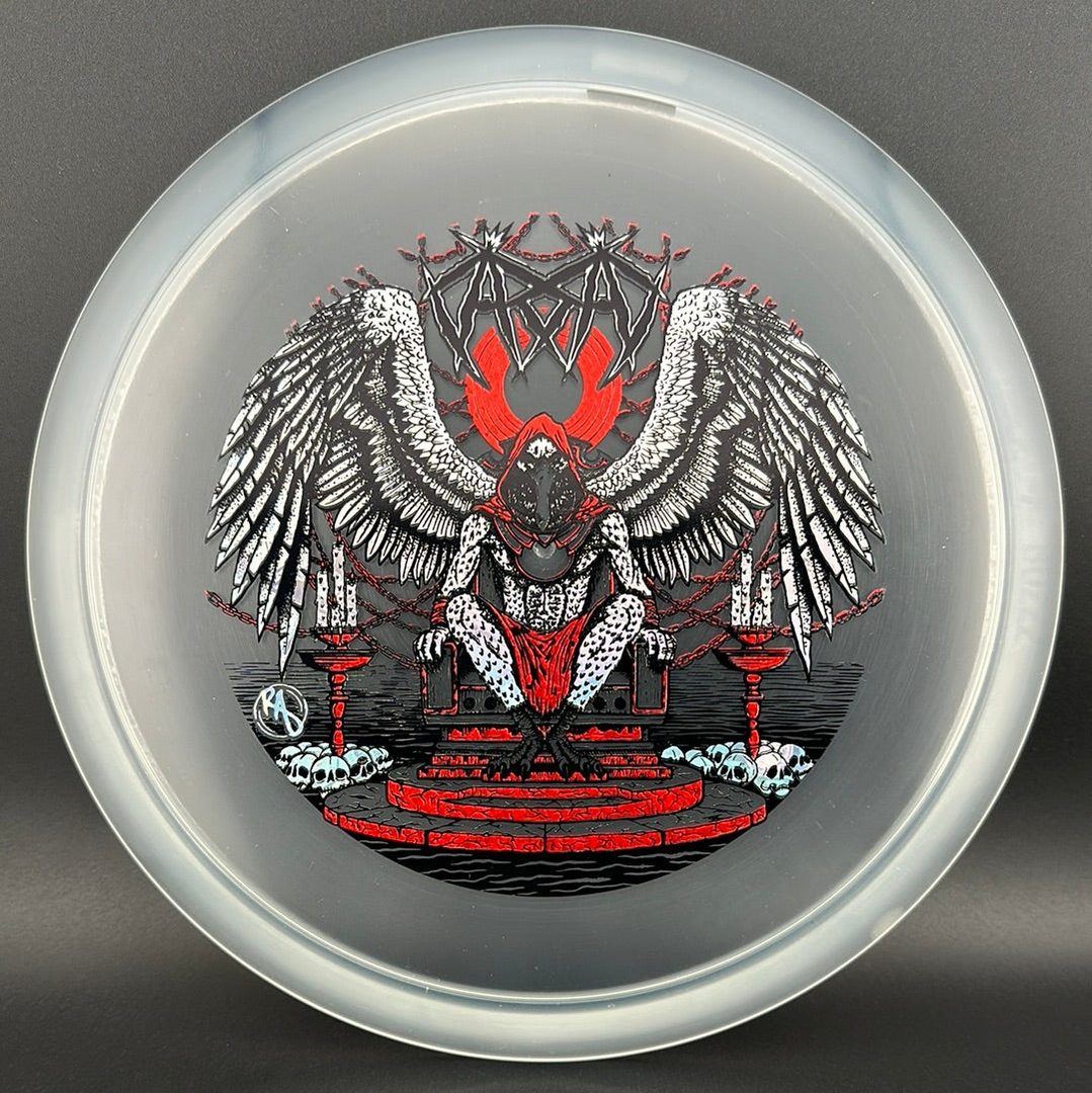 CryZtal Buzzz Disc Golf disc by Rare Air Discs featuring Karudi the Overseer artwork, with a colorful, detailed design.
