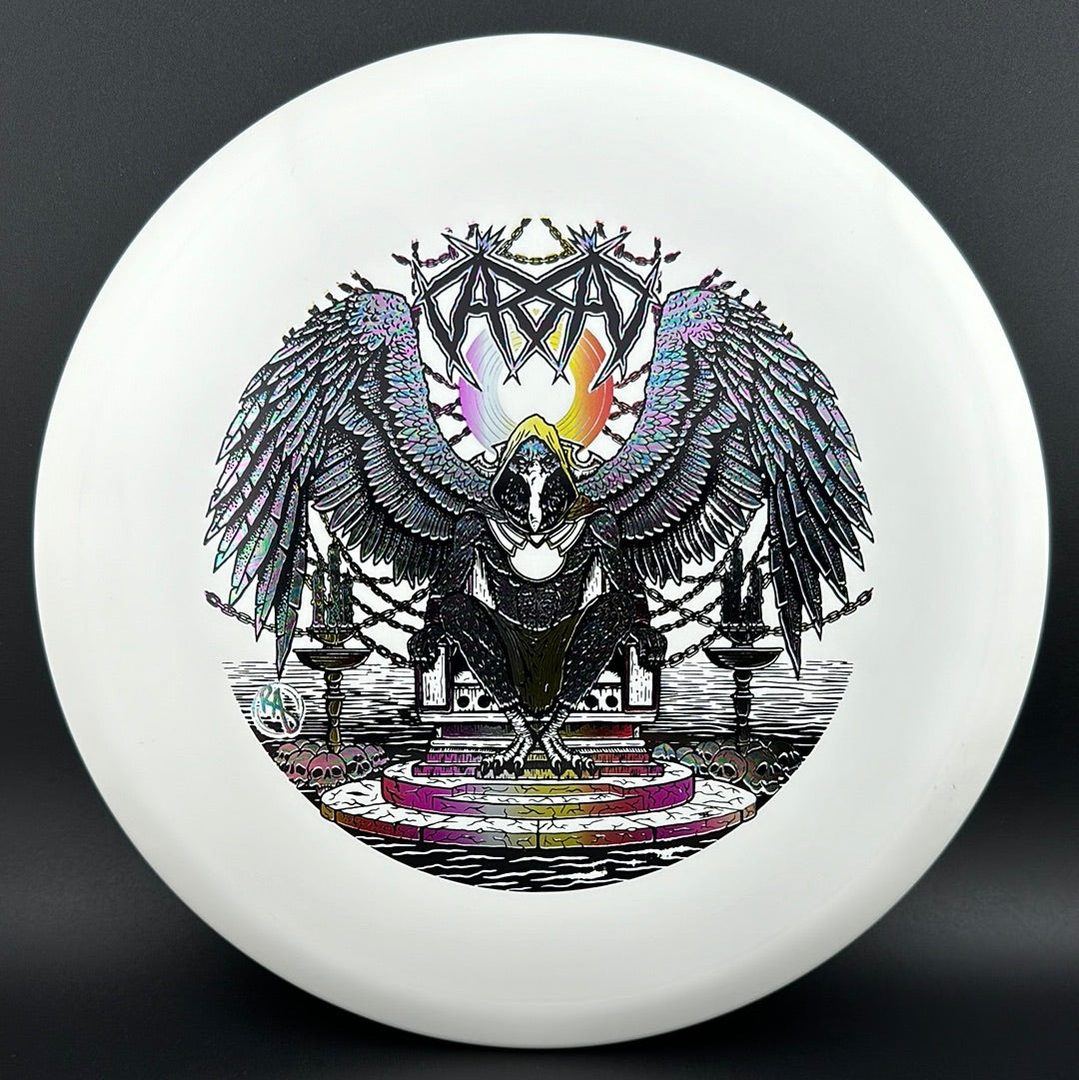 ESP Glo Buzzz disc golf disc by Rare Air Discs featuring Karudi the Overseer design on a glowing, colorful disc.