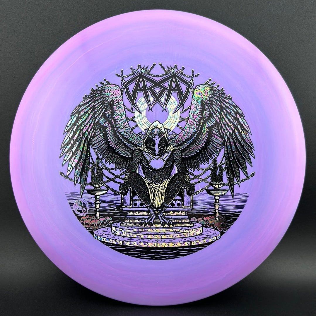 ESP Glo Buzzz disc golf disc by Rare Air Discs featuring Karudi the Overseer artwork in vibrant glowing colors.