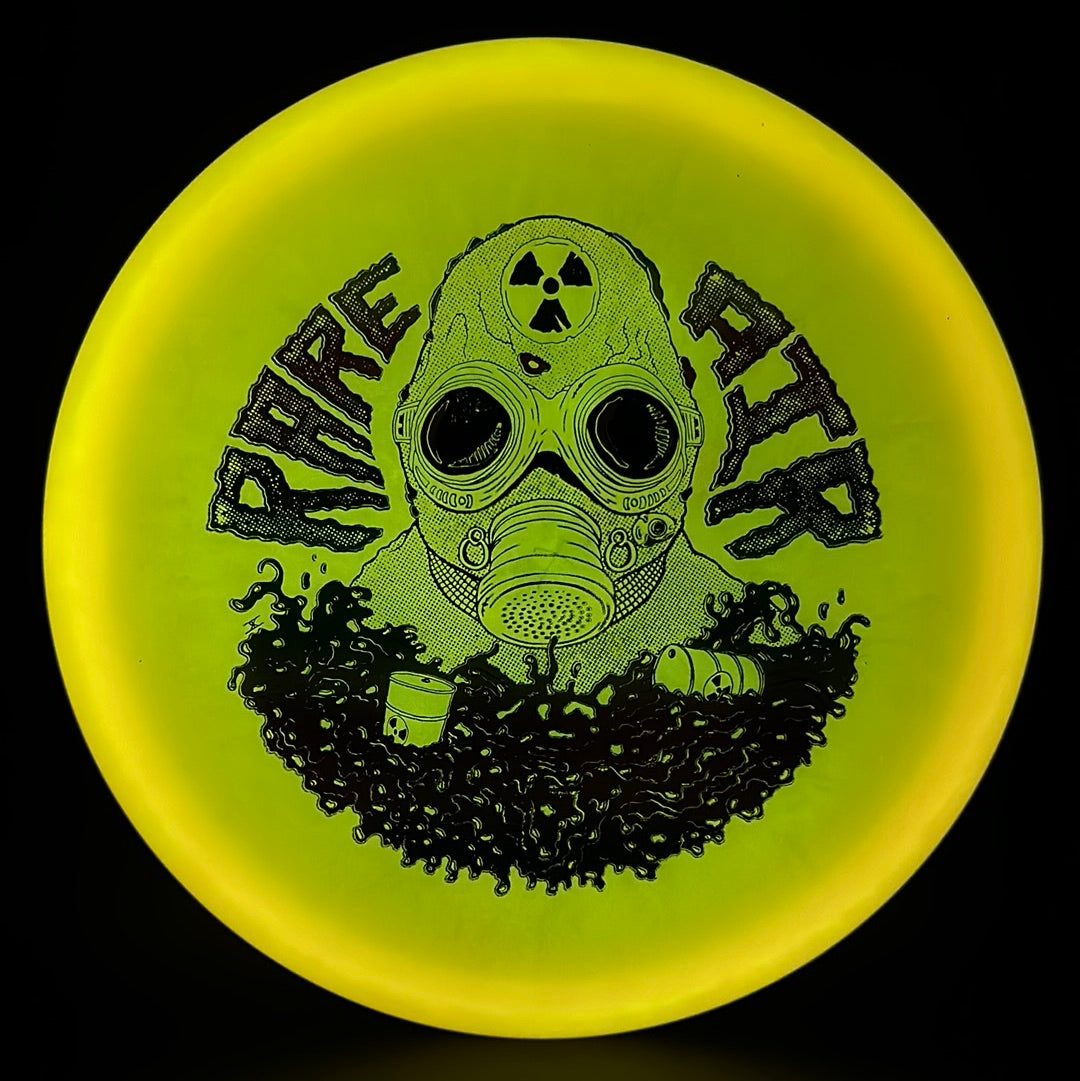 Rare Air Discs Lunar Recon Mortar F2 disc golf disc in radioactive man stamp, showcasing vibrant colors and detailed design.