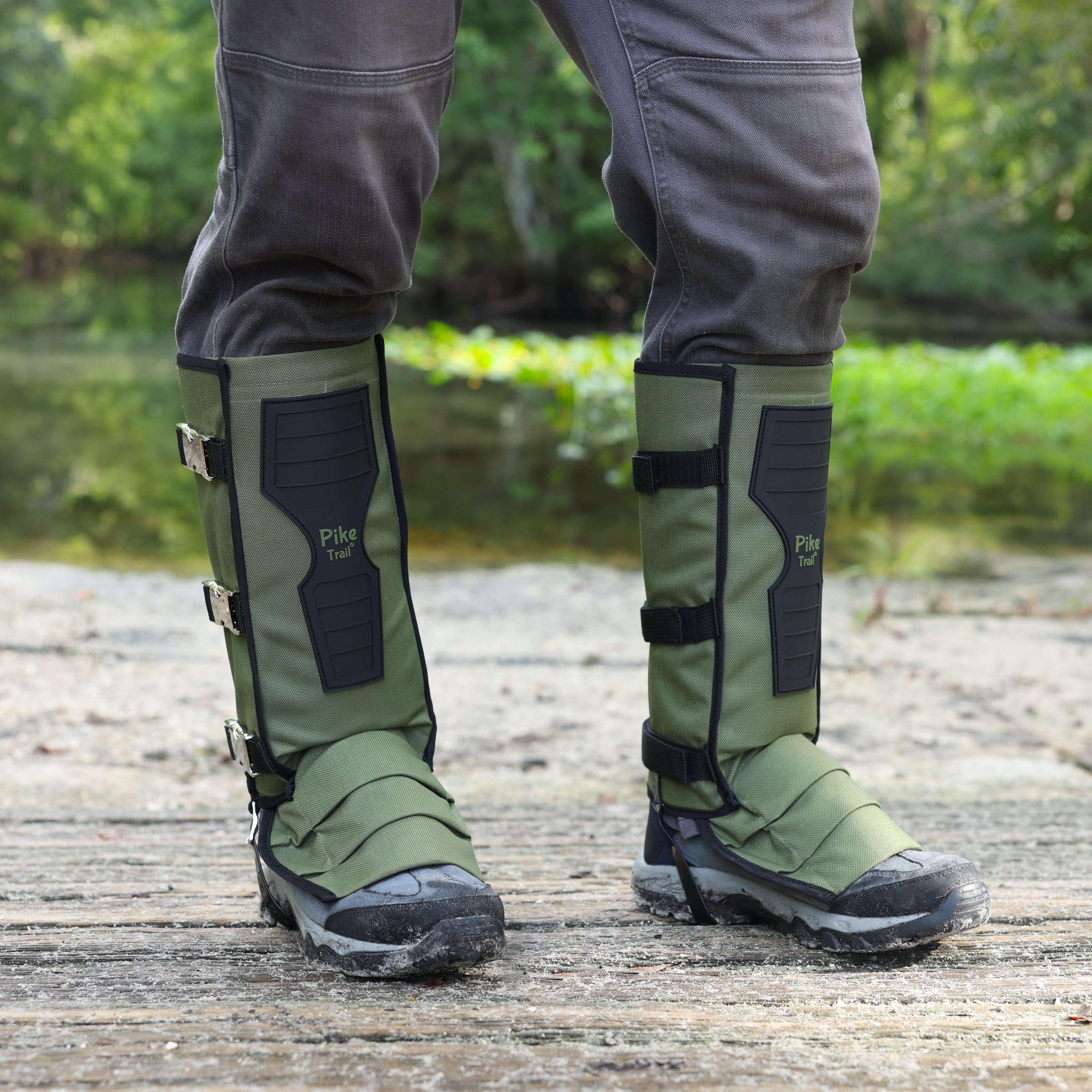 Pike Trail Snake Gaiters leg guards showing durable fabric and adjustable straps for outdoor trail protection.