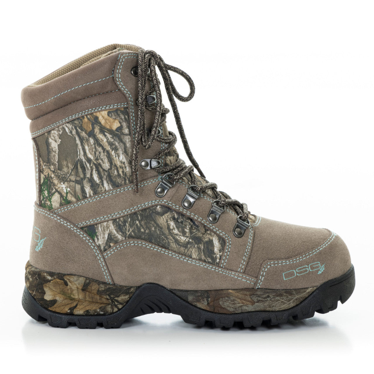 Realtree Edge® lace-up hunting boots with 600 gram insulation by DSG OUTERWEAR, showing rugged design and sturdy laces.