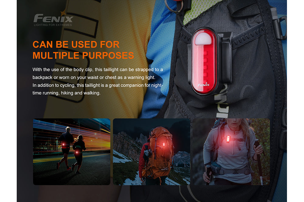 Fenix BC05R V2.0 rechargeable bicycle tail light mounted on a bike, illuminating the road for safety during night rides.