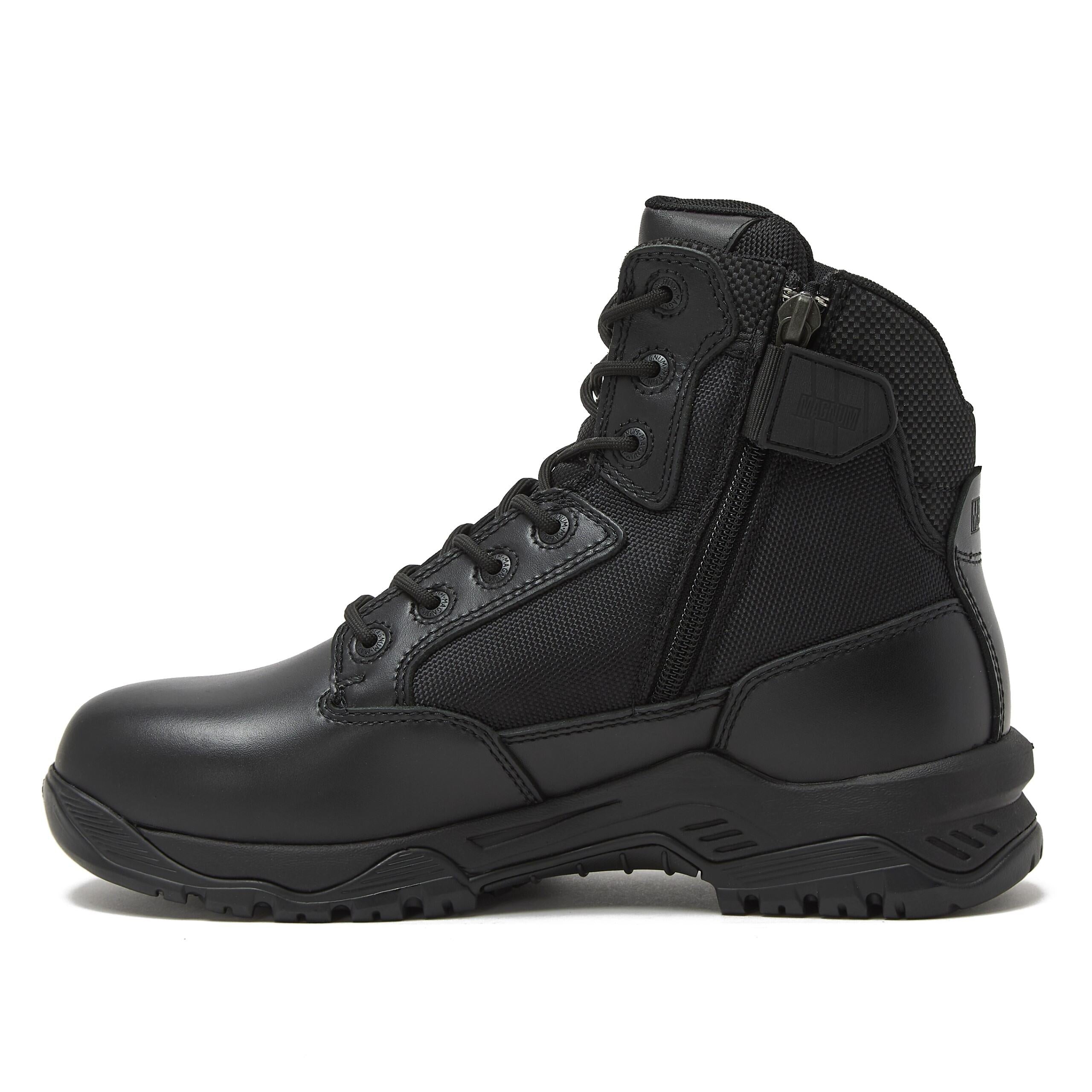 Magnum Boots Strike Force 6-inch tactical boots with sturdy black leather and breathable fabric, featuring rugged rubber soles.