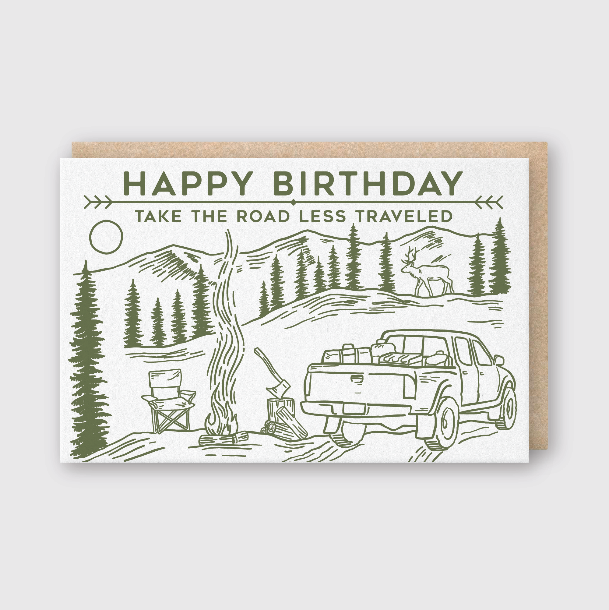 Happy Birthday greeting card featuring a truck with "Road Less Traveled" design by Pike Street Press